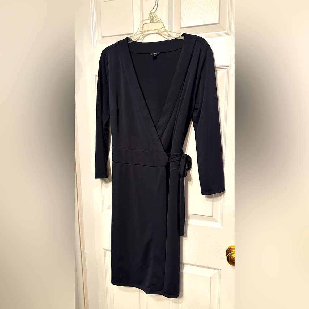 Ann Taylor 8T  Black V-Neck Wrap Polyester Dress 3/4 Sleeve Waistband Tie